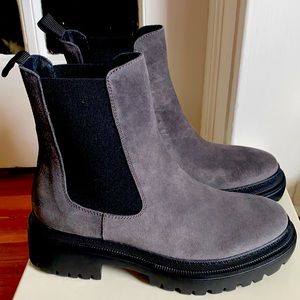 M Gemi Gray Suede The Carina Chelsea Boots NEW with box & Dustbag